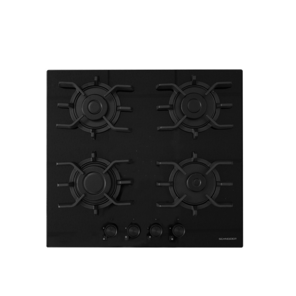 plaque-schneider-a-gaz-4f-60cm-noir- Plaque de cuisson Schneider 4 feux gaz 60 cm verre noir ZENN64GGB à Tanger – Image 1